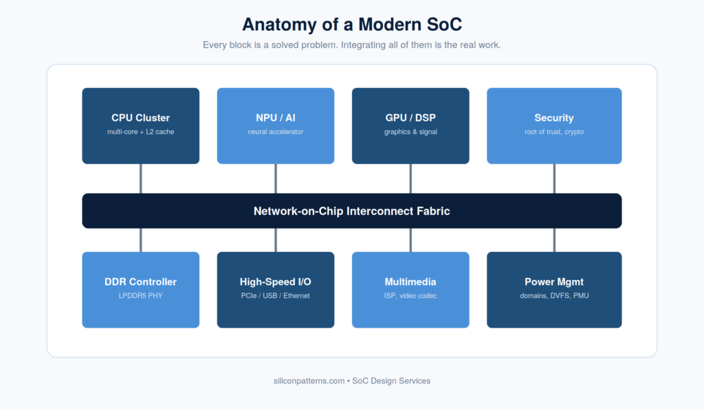 SoC design services scope — block diagram showing CPU, NPU and memory subsystems integrated in a system on chip